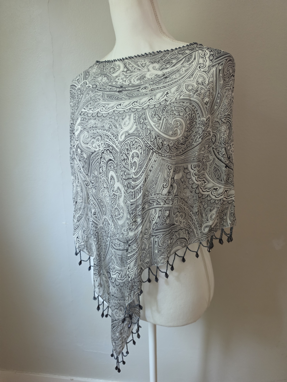 Women’s Navy & White Paisley Beaded Fringe Poncho